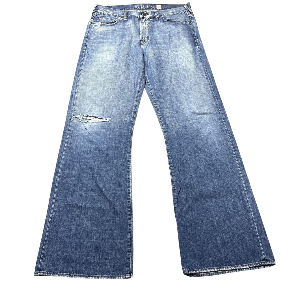Vintage Y2K Guess Jeans Mens 34x34 Blue Medium Wash Bootcut Denim Distressed